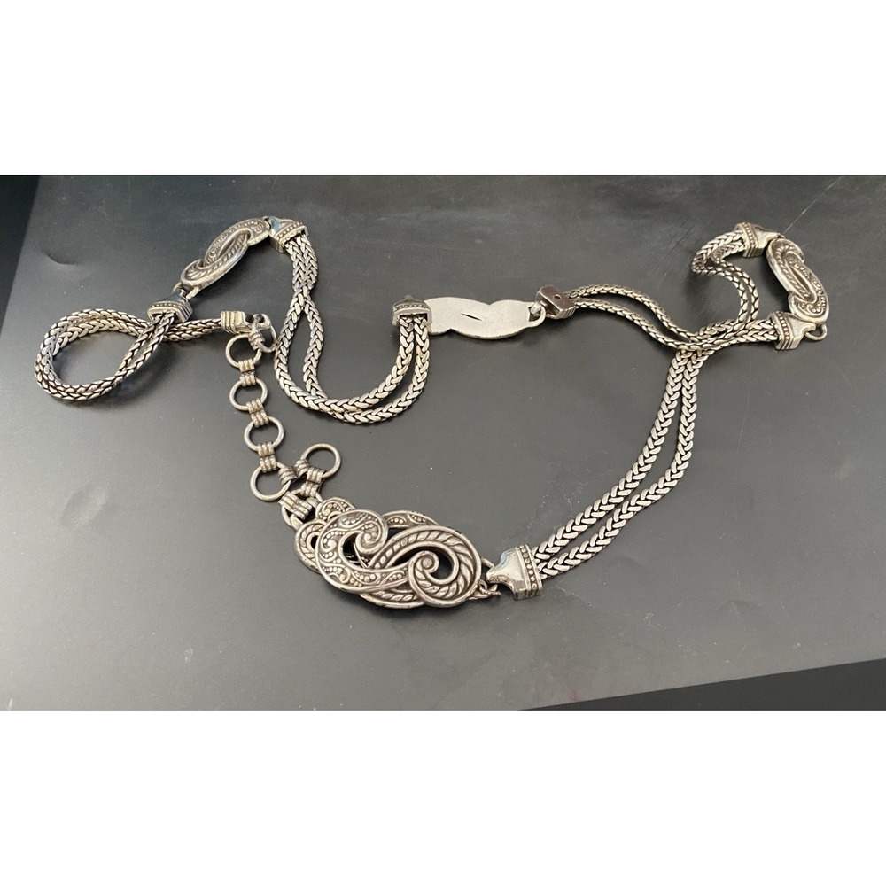 BRIGHTON Bali Hai Silver Tone Chain Belt M 30"-34" Heart Dangle Charm Adjustable